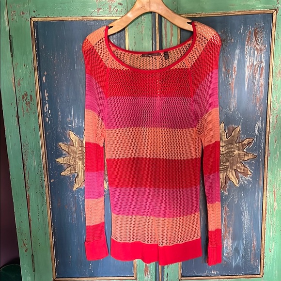 Sweaters - Mesh Striped Cover Up Sweater Long Sleeve Size Small